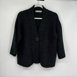 Nagasha Cropped Knit Black Single Button Quarter Sleeve Wool Cardigan Sweater